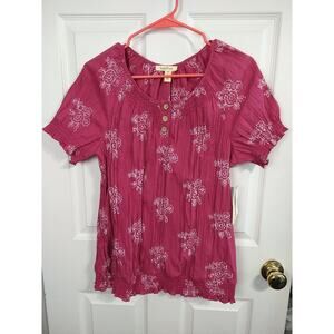 Brina&Em Woman M Blouse Pink Floral Crepe Look S/ S Round Neck Button Accents